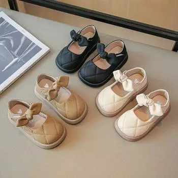 Кожаная обувь для девочек, весенне-осенние туфли на мягкой подошве с неглубоким горлышком, туфли принцессы с бантом для девочек 24 чёрный
