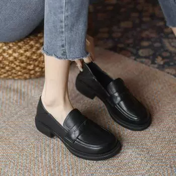 Кожаная обувь Мэри Джейн, модные лоферы на низком каблуке, женские винтажные туфли для маффинов с неглубоким носком 34 чёрный
