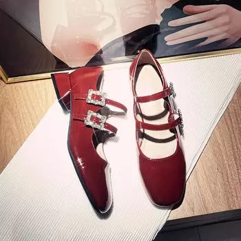 Кожаная обувь Мэри Джейн, женские туфли на низком каблуке, фирменный дизайн, туфли-лодочки на квадратном каблуке с пряжкой и стразами, женские мягкие лоферы 36
