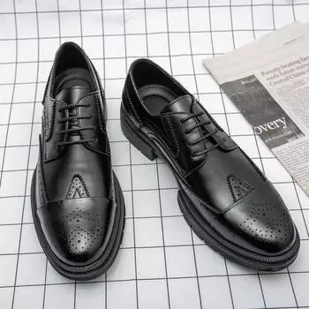 Кожаная обувь мужская Брок мужская обувь нарядная деловая с круглым носком на толстой подошве увеличивающая рост шнуровка обувь в британском стиле повседневная кожаная обувь 37