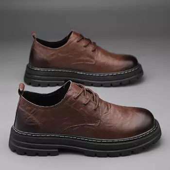 Кожаная обувь, мужская новая деловая официальная одежда, нескользящие туфли-броги на платформе со шнуровкой, рабочая нескользящая дышащая повседневная обувь 38 чёрный