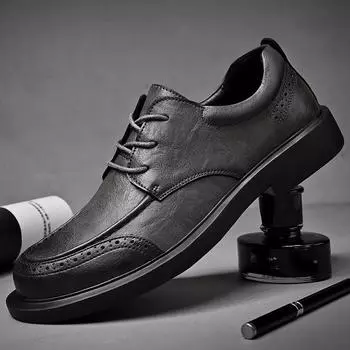 Кожаная обувь. Мужская новая нескользящая повседневная обувь на платформе со шнуровкой. Деловая официальная одежда. Дышащие туфли-броги. 38 серый