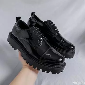 Кожаная обувь, мужская офисная повседневная лакированная кожаная обувь на высокой платформе, мужская обувь в Корейском стиле Харадзюку, уличная винтажная свадебная обувь 38 чёрный