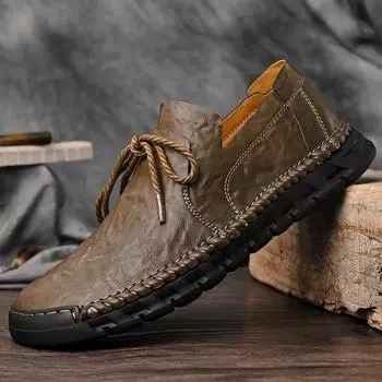 Кожаная обувь. Новые мужские нескользящие дышащие повседневные лоферы на шнуровке на плоской подошве. 38 хаки