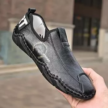 Кожаная обувь ручной работы, мужские лоферы, повседневная мужская обувь из спилка, удобная прогулочная обувь для вождения, мокасины, мужские туфли на плоской подошве, новинка 2023 года 38 чёрный