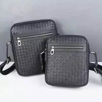 Кожаная плетеная мужская сумка через плечо, деловая, повседневная, большая вместительная сумка через плечо, модная сумка 21x24x6.5 чёрный