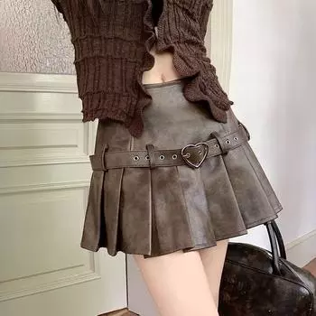Кожаная плиссированная мини-юбка для женщин весна-осень PU А-силуэта короткая юбка винтажный стиль Y2k одежда корейская мода уличная одежда S кофейный
