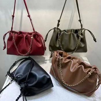 Кожаная плиссированная сумка-облако, новая китайская сумка на удачу со шнурком, модная сумка на цепочке через подмышку, сумка через плечо на одно плечо 36x11x23m коричневый/кофейный