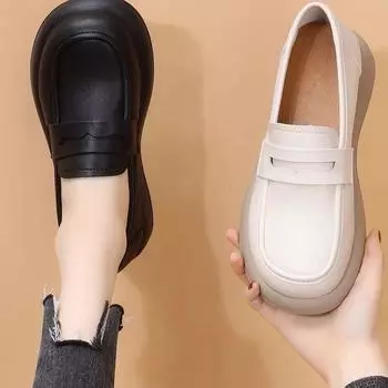 Кожаная поверхность, маленькие кожаные туфли женские, весна 2024, новые, британский стиль, плоская подошва, одна педаль, одинарные туфли, мягкая подошва, легкие, нескользящие 35 чёрный