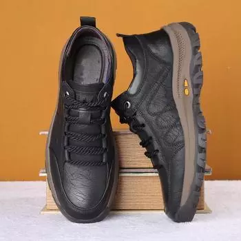 Кожаная повседневная мужская обувь. Удобные кроссовки. Повседневная обувь. Прогулочная обувь. Зимние ботинки. Мужская обувь из вулканизированной кожи на шнуровке. 39 чёрный
