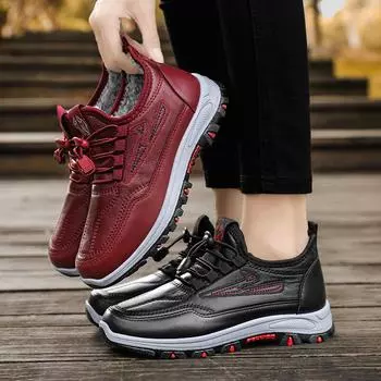 Кожаная повседневная теплая обувь для скалолазания, женская зимняя обувь, плюшевые кроссовки на платформе, нескользящие водонепроницаемые высокие кроссовки из искусственной кожи 36 чёрный