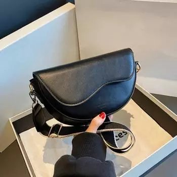 Кожаная повседневная женская сумка через плечо с клапаном, сумка-седло, ремни, ретро-сумка чёрный