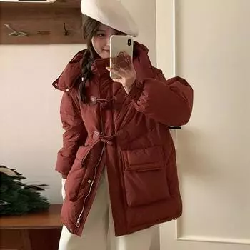 Кожаная пряжка 2024 белый утиный пух женский средний и длинный утолщенный теплый ретро девичий пуховик S size 90-60kg белый