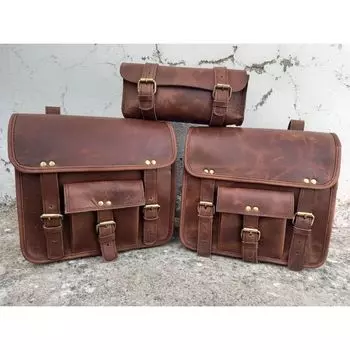Кожаная седельная сумка Мотоциклетная сумка Кожаная сумка из шкуры буйвола Мотоциклетная седельная сумка Коричневые кофры для мотоцикла ручной работы Набор из 3 сумок