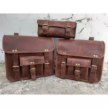 Кожаная седельная сумка Мотоциклетная сумка Кожаная сумка из шкуры буйвола Мотоциклетная седельная сумка Коричневые кофры для мотоцикла ручной работы Набор из 3 сумок коричневый