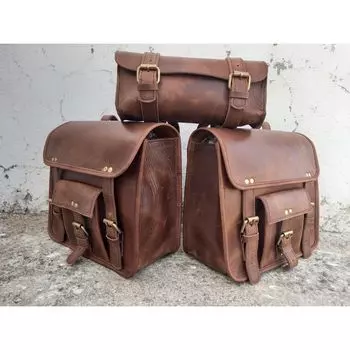 Кожаная седельная сумка Мотоциклетная сумка Кожаная сумка из шкуры буйвола Мотоциклетная седельная сумка Коричневые кофры для мотоцикла ручной работы Набор из 3 сумок коричневый