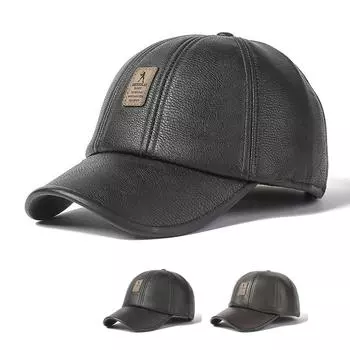 Кожаная шапка для пожилых людей, мужская зимняя толстая шапка, теплая кепка из искусственной кожи, защитные шапки для ушей, бейсболка чёрный