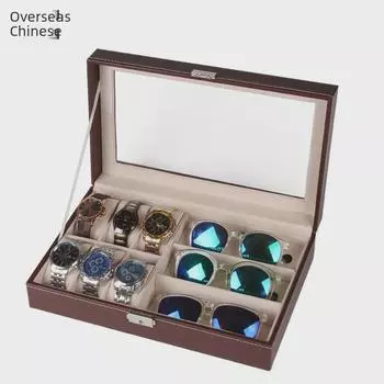 Кожаная шкатулка для хранения часов и ювелирных изделий с 6 отделениями для часов, 3 отделениями для солнцезащитных очков и стеклянной крышкой-витриной. Default Option