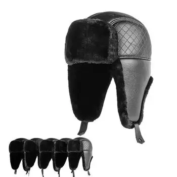 Кожаная снежная шапка, мужская шапка-бомбер, 2022, ушанка, советские черные термозимние шапки из искусственного меха с ушанкой, русская шапка для папы