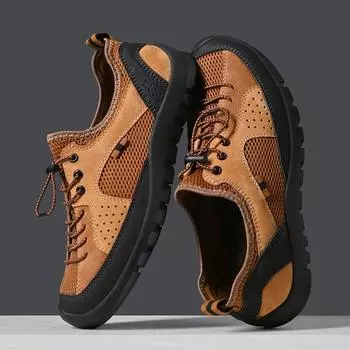Кожаная спортивная повседневная обувь летняя полая дышащая сетчатая обувь для отдыха на природе 38 чёрный