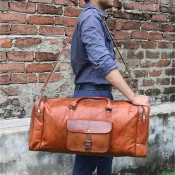 Кожаная спортивная сумка, дорожная ручная кладь, ночная сумка для спортзала и выходного дня 26 x 11 x 11 in коричневый