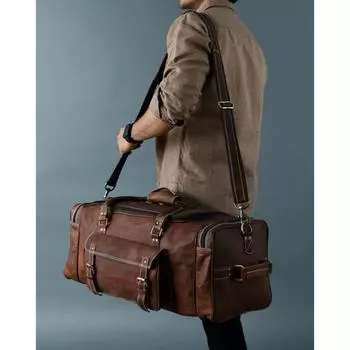 Кожаная спортивная сумка Кожаная дорожная сумка для багажа Сумка для выходного дня, семейная праздничная сумка 21 x 9 x 9 in коричневый