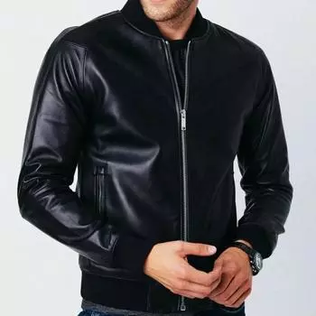 Кожаная Стильная Мужская Черная Куртка Бомбер Ручной Работы из Натуральной Овчины Мотоциклетная S чёрный