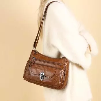 Кожаная сумка Большая вместительная сумка через плечо Сумка для женщин среднего возраста Сумка для мам коричневый