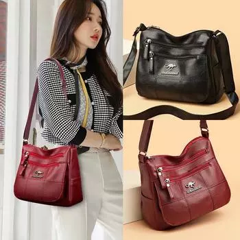 Кожаная сумка через плечо женская ретро сумка-мессенджер с двойной молнией многофункциональная сумка-тоут чёрный