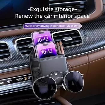 Кожаная сумка для хранения в автомобиле, многофункциональный автомобильный органайзер для воздуховода, магнитный держатель для телефона, ключей, солнцезащитных очков no glass clip чёрный