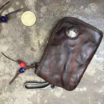 Кожаная сумка для ключей, мини-сумка в средневековом стиле, брелок для ключей, органайзер для монет, держатель для мелочи, натуральная кожаная сумка-брелок на молнии для мужчин и женщин коричневый