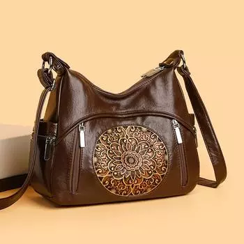 Кожаная сумка Embaled женская большая вместительная сумка через плечо коричневый