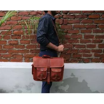 Кожаная сумка-мессенджер, чехол для ноутбука, офисный портфель, подарок для мужчин, потертая сумка через плечо для компьютера 12 x 16 x 5 in коричневый