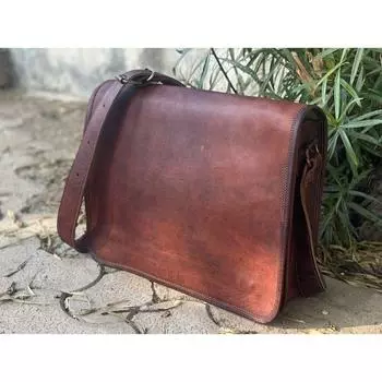 Кожаная сумка-мессенджер из бычьей шкуры, сумка через плечо для ноутбука, сумка-мессенджер для мужчин и женщин 11 x 15 x 5 in коричневый