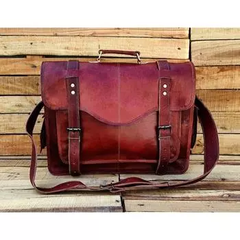 Кожаная сумка-мессенджер, кожаный мужской портфель, сумка для ноутбука ручной работы, офисная сумка через плечо, сумка через плечо, подарок на новую работу, подарок на выпускной 18 x 13 x 5 in коричневый