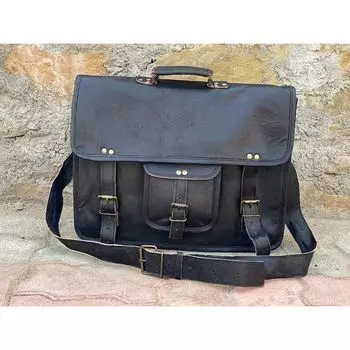 Кожаная сумка-мессенджер, сумка через плечо, сумка для ноутбука, офисная сумка, подарок для мужчин и женщин, большой портфель, сумка-портфель 18 x 14 x 6 in чёрный