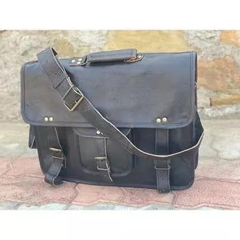 Кожаная сумка-мессенджер, сумка через плечо, сумка для ноутбука, офисная сумка, подарок для мужчин и женщин, большой портфель, сумка-портфель 18 x 14 x 6 in чёрный