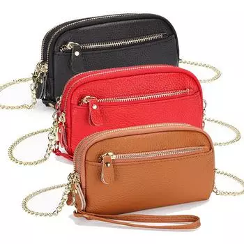 Кожаная сумка на цепочке для мобильного телефона, женский кошелек, большой емкости, из натуральной кожи, двухслойный клатч на молнии, женский кошелек синий