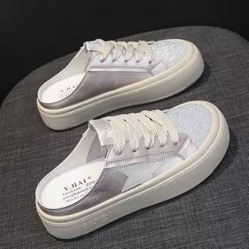 Кожаная сумка на голову полутапочки женская летняя одежда новая толстая подошва без каблука одна педаль 35