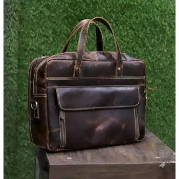 Кожаная сумка-портфель для мужчин и женщин, сумка-портфель для ноутбука, кожаный дорожный портфель, рождественский подарок 16 x 12 x 5 in коричневый