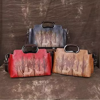 Кожаная сумка с текстурой на одно плечо, косая сумка, винтажная сумка ручной работы с оленем, женская сумка 27*12*18.5 жёлтый