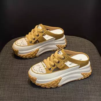 Кожаная сумка с внутренней высотой головы, полутапочки, женская летняя одежда 2025 года, новые интернет-знаменитости, взрыв, толстая подошва, дырка, белые туфли 35 белый