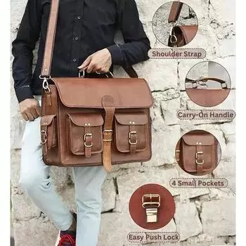 Кожаная сумка Тонкая сумка Натуральная Мужская На плечо Ноутбук Мессенджер Ранец 18 x 14 x 6 in коричневый