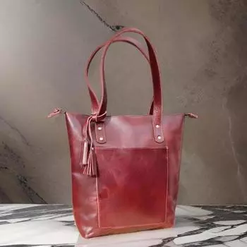 Кожаная сумка-тоут из натуральной кожи с большим передним карманом, один размер — идеальный подарок для нее. ( Доступно 3 захватывающих цвета ) 16 x 14 in вино красного