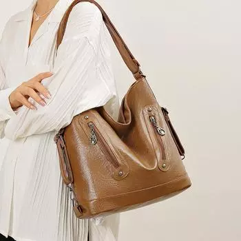 Кожаная сумка-тоут, женская сумка через плечо, большой вместительный дорожный рюкзак, многофункциональная сумка через плечо для пригородных поездок чёрный