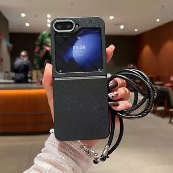 Кожаная текстура тонкий магнитный складной чехол 2 шт для Samsung Galaxy Z Flip6 Flip5 Flip4 Flip3 ремешок через плечо мягкий противоударный чехол для телефона Magsafe Samsung Z Flip6 чёрный