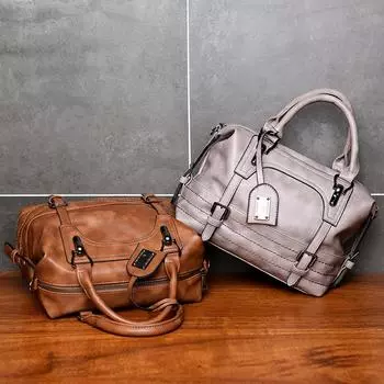 Кожаная текстурированная сумка большой вместимости, масляная восковая сумка Boston, женская сумка, сумка на одно плечо, диагональная портфельная сумка коричневый