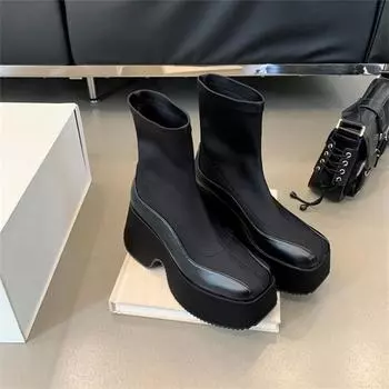 Кожаная ткань в сочетании с эластичной тканью Ботинки на толстой подошве Водонепроницаемые ботфорты на платформе Женские ботфорты до колена Эластичная ткань и ботильоны 35-39 35