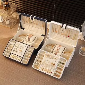 Кожаная трехслойная шкатулка для хранения ювелирных изделий, портативный дорожный держатель для ювелирных изделий, органайзер для хранения, подставка для колец и ожерелий для ювелирных изделий 24 x 16.5 x 9 cm белый