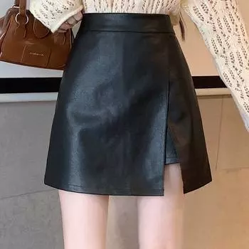 Кожаная юбка из искусственной кожи с нерегулярным разрезом, женские шорты трапециевидной формы, мини-юбка с высокой талией, женская одежда, корейский стиль, черный, коричневый S коричневый